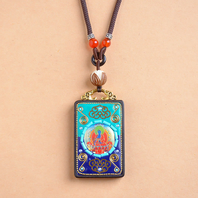 Wear FengShui Medicine Buddha Ebony Wood Peace Necklace Pendant