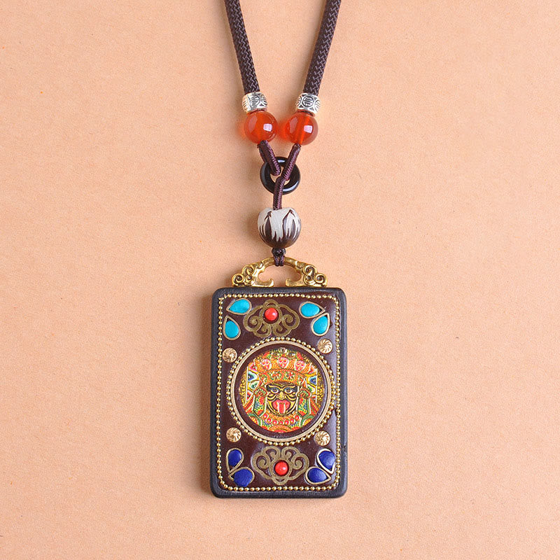 Buddha Stones Thangka Yin Yang Copper Coins Ebony Wood Zakiram Balance Pendant Necklace
