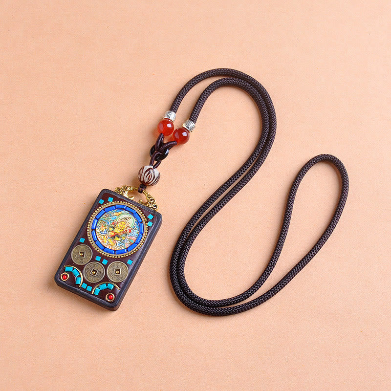 Buddha Stones Thangka Yin Yang Copper Coins Ebony Wood Zakiram Balance Pendant Necklace