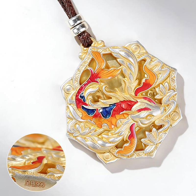 Buddha Stones 999 Sterling Silver Colorful Koi Fish Carved Luck Necklace Pendant