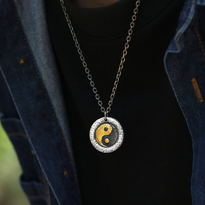 Wear FengShui 999 Sterling Silver 999 Gold Yin Yang Balance Titanium Steel Chain Necklace Pendant