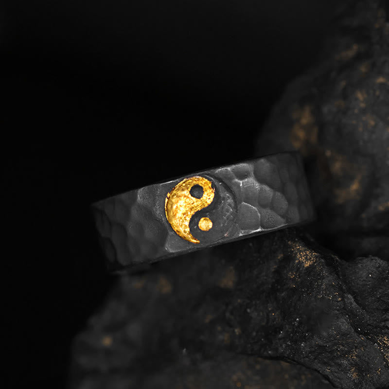 Wear FengShui Handmade 999 Sterling Silver 999 Gold Yin Yang Textured Balance Ring