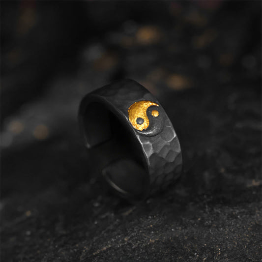 Wear FengShui Handmade 999 Sterling Silver 999 Gold Yin Yang Textured Balance Ring