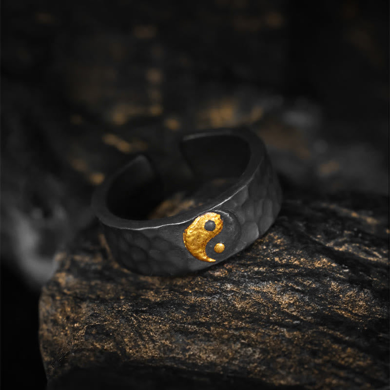 Wear FengShui Handmade 999 Sterling Silver 999 Gold Yin Yang Textured Balance Ring
