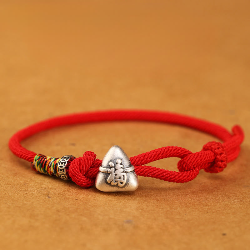 Wear FengShui 999 Sterling Silver Fu Character Zongzi Fortune Luck Rope Bracelet