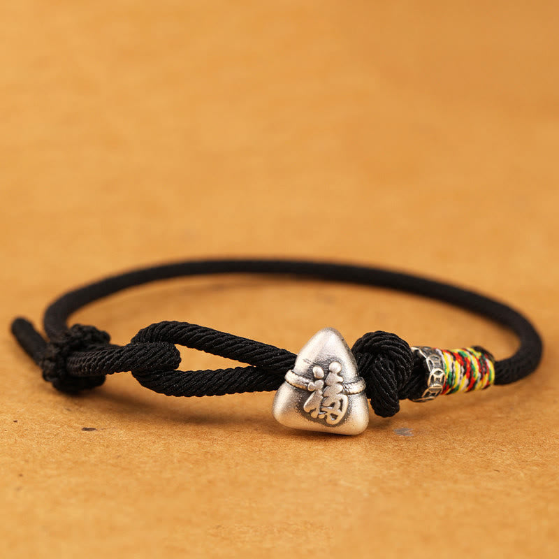 Wear FengShui 999 Sterling Silver Fu Character Zongzi Fortune Luck Rope Bracelet