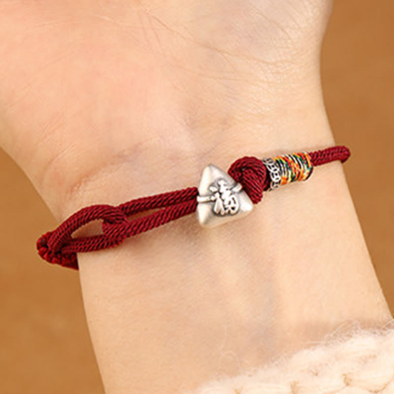 Wear FengShui 999 Sterling Silver Fu Character Zongzi Fortune Luck Rope Bracelet