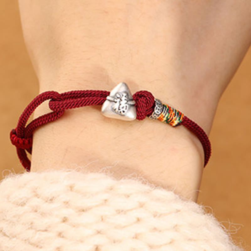 Wear FengShui 999 Sterling Silver Fu Character Zongzi Fortune Luck Rope Bracelet