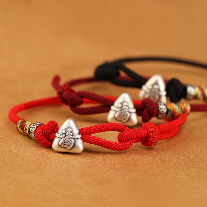 Wear FengShui 999 Sterling Silver Fu Character Zongzi Fortune Luck Rope Bracelet