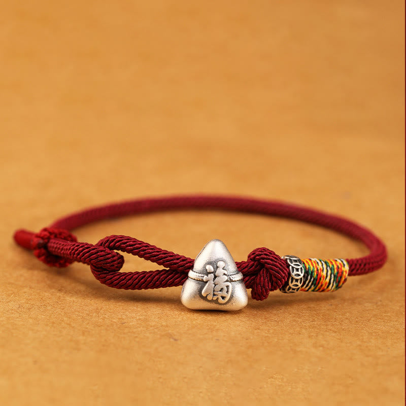 Wear FengShui 999 Sterling Silver Fu Character Zongzi Fortune Luck Rope Bracelet