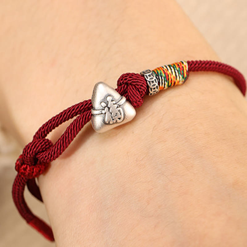 Wear FengShui 999 Sterling Silver Fu Character Zongzi Fortune Luck Rope Bracelet