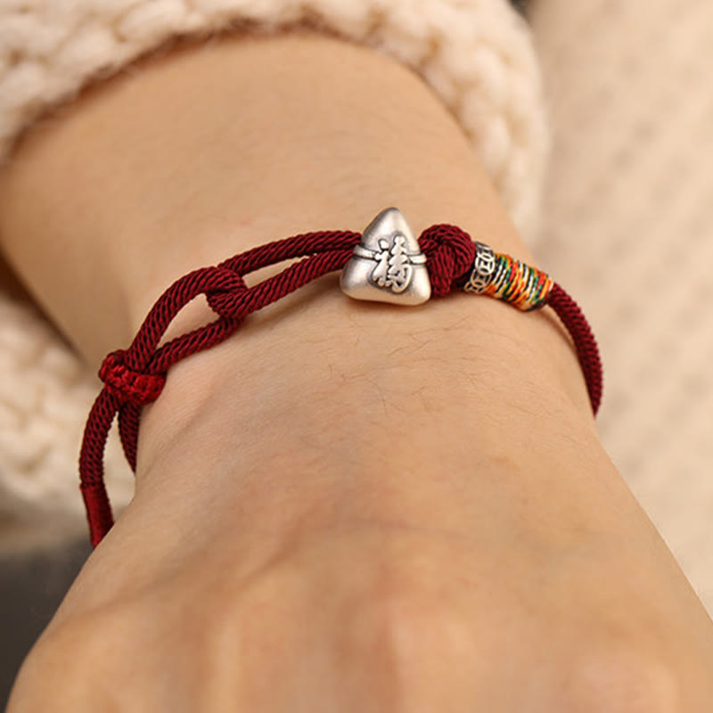 Wear FengShui 999 Sterling Silver Fu Character Zongzi Fortune Luck Rope Bracelet