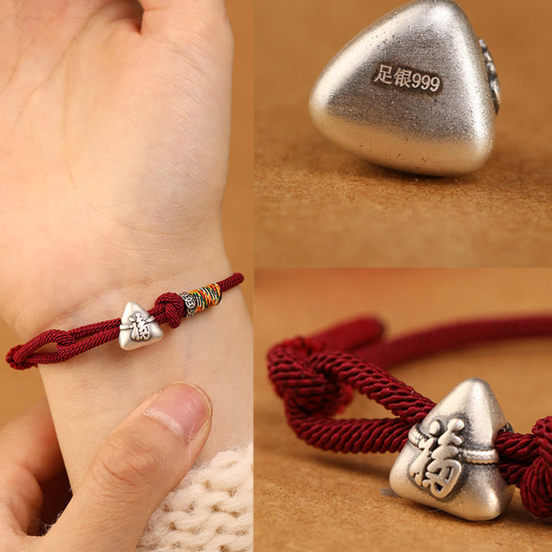 Wear FengShui 999 Sterling Silver Fu Character Zongzi Fortune Luck Rope Bracelet