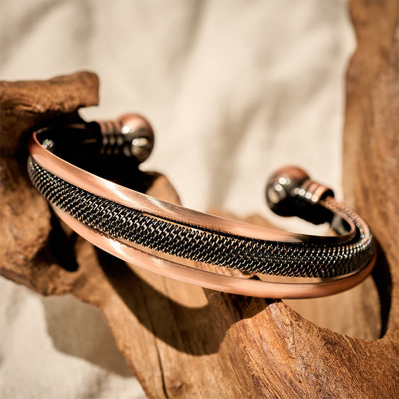 Buddha Stones Retro Textured Flower Pattern Twisted Copper Balance Luck Open Cuff Bracelet Bangle