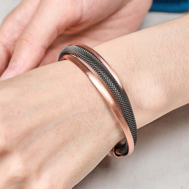 Buddha Stones Retro Textured Flower Pattern Twisted Copper Balance Luck Open Cuff Bracelet Bangle