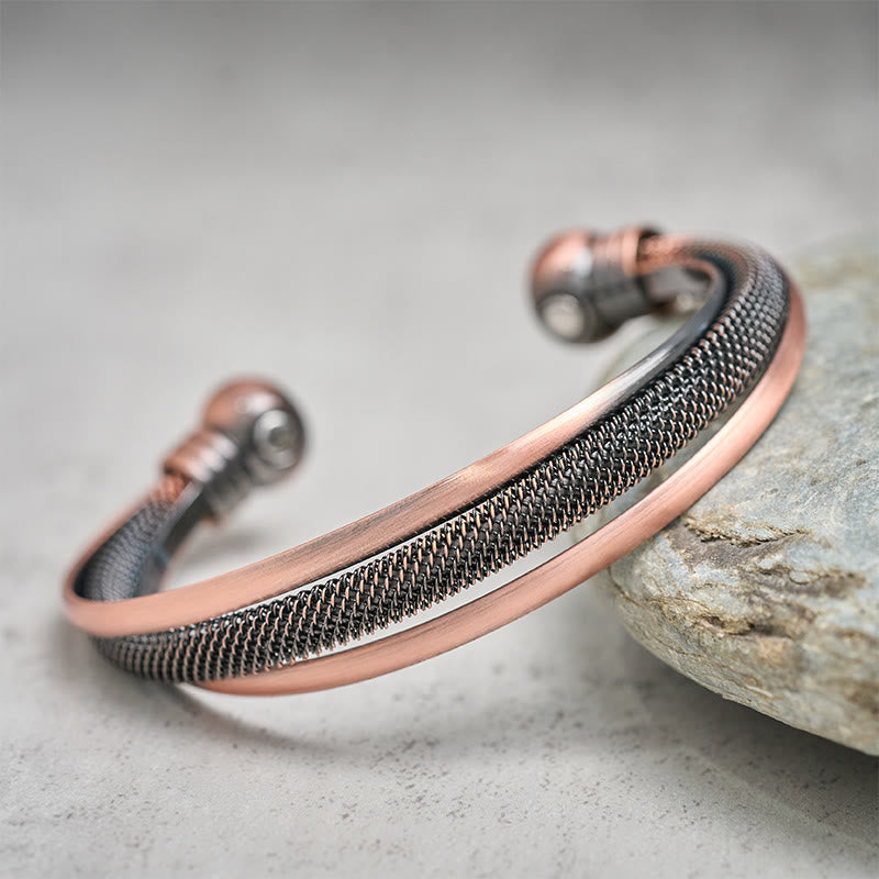 Buddha Stones Retro Textured Flower Pattern Twisted Copper Balance Luck Open Cuff Bracelet Bangle