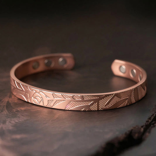 Wear FengShui Rose Flower Pattern Copper Balance Luck Open Cuff Bracelet Bangle