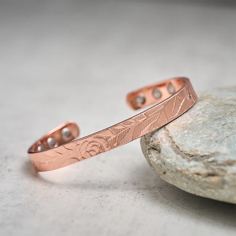 Wear FengShui Rose Flower Pattern Copper Balance Luck Open Cuff Bracelet Bangle