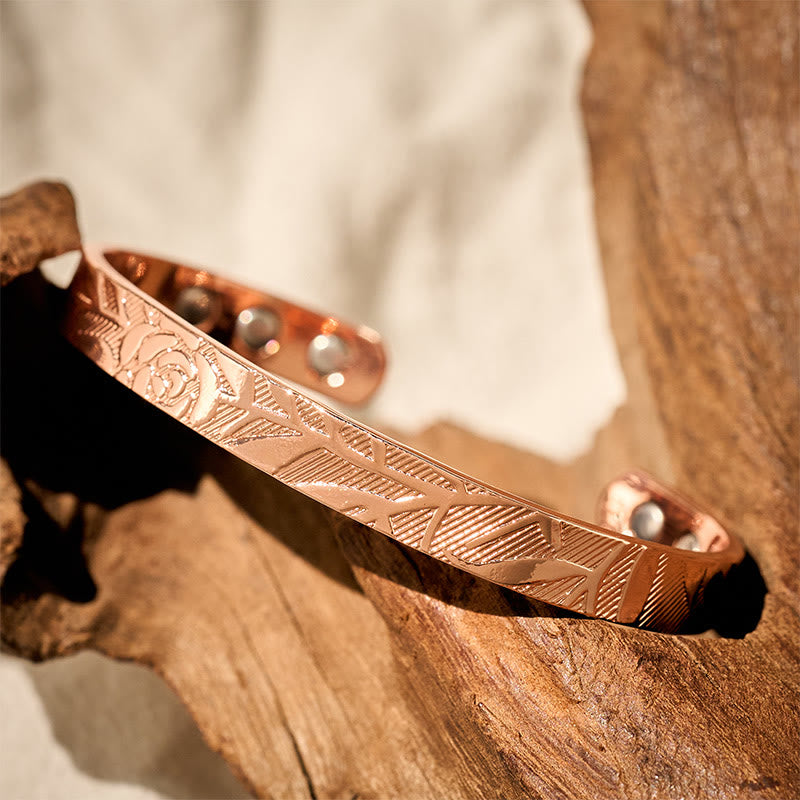 Wear FengShui Rose Flower Pattern Copper Balance Luck Open Cuff Bracelet Bangle