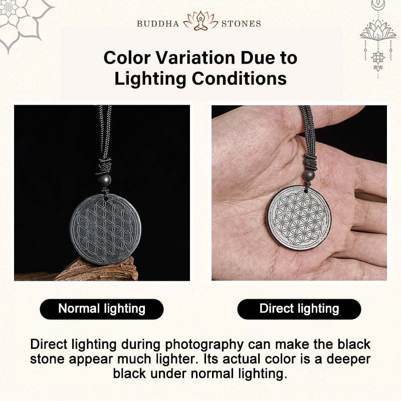 Wear FengShui Flower of Life Carving Design Authentic Shungite Stone Protection Necklace Pendant
