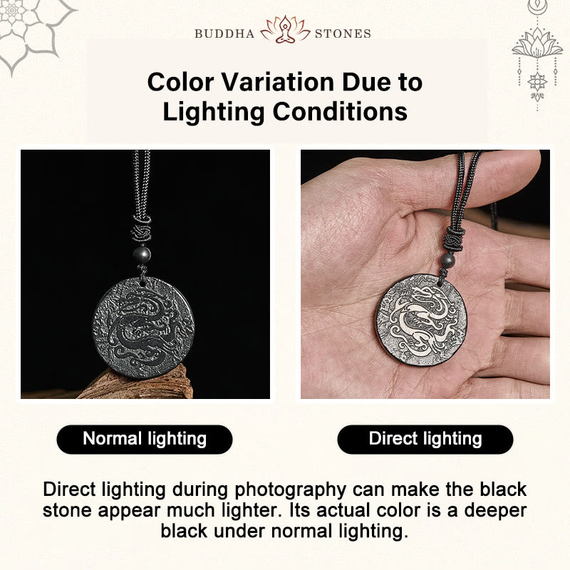 Wear FengShui Carved Dragon Pattern Authentic Shungite Stone Inner Strength Necklace Pendant