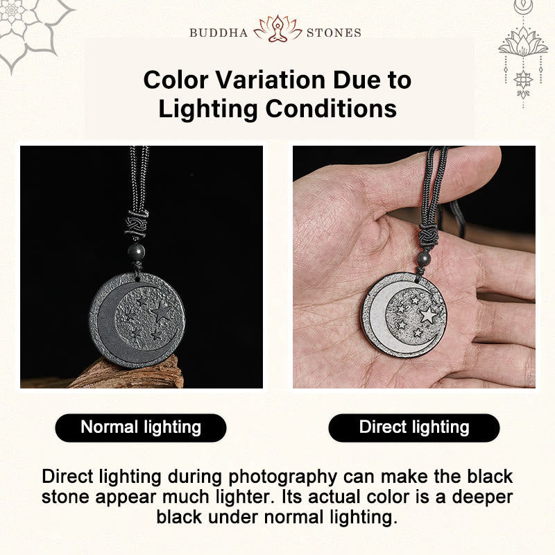 Wear FengShui Moon Star Round Design Authentic Shungite Stone Protection Necklace Pendant