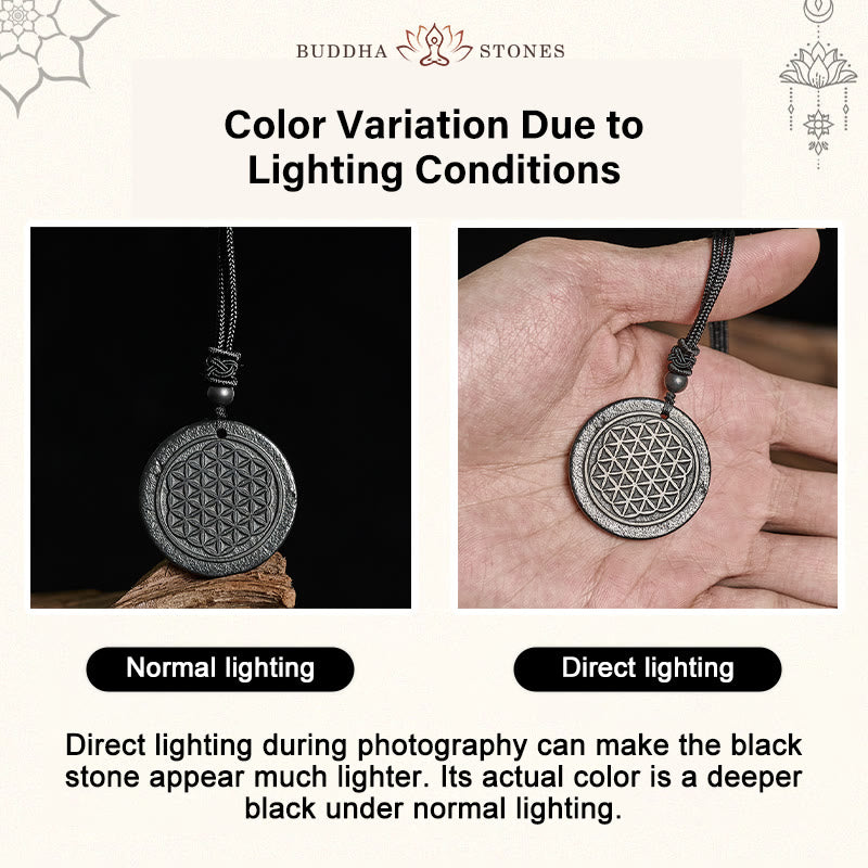 Wear FengShui Flower of Life Carving Design Authentic Shungite Stone Protection Necklace Pendant