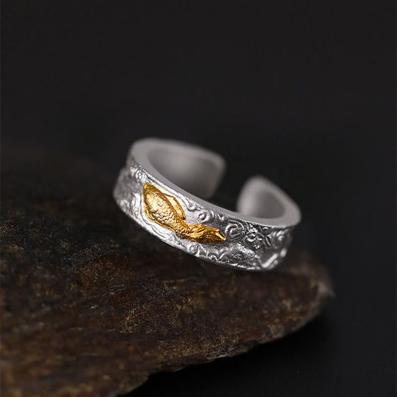 Buddha Stones 999 Sterling Silver 999 Gold Koi Fish Auspicious Clouds Luck Ring