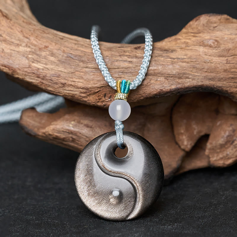 Wear FengShui Silver Sheen Obsidian Yin Yang Symbol Protection Necklace Pendant