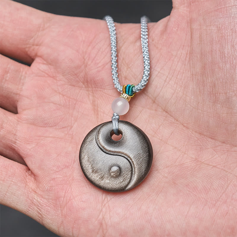 Wear FengShui Silver Sheen Obsidian Yin Yang Symbol Protection Necklace Pendant