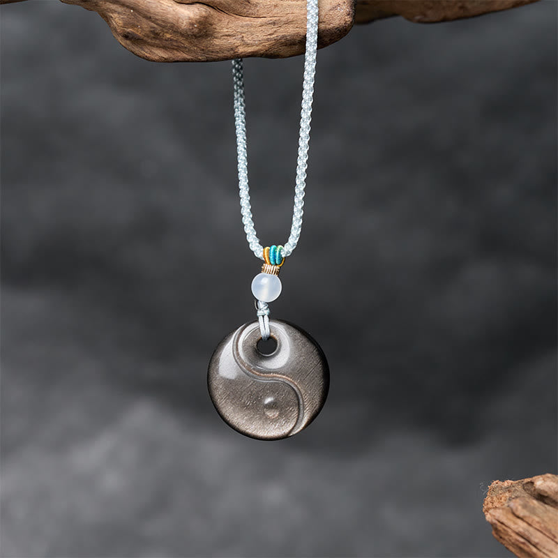 Wear FengShui Silver Sheen Obsidian Yin Yang Symbol Protection Necklace Pendant