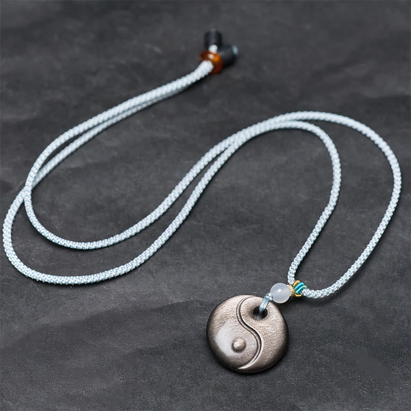 Wear FengShui Silver Sheen Obsidian Yin Yang Symbol Protection Necklace Pendant