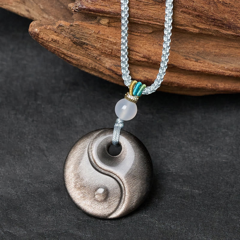 Wear FengShui Silver Sheen Obsidian Yin Yang Symbol Protection Necklace Pendant