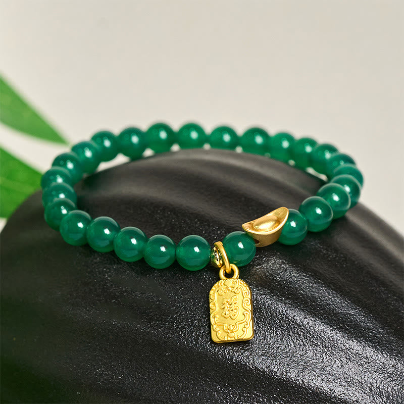 Wear FengShui Green Agate Ingot Fu Character Relaxation Hope Bracelet