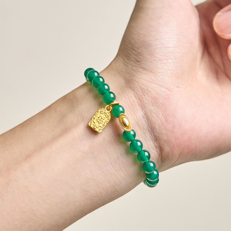 Wear FengShui Green Agate Ingot Fu Character Relaxation Hope Bracelet