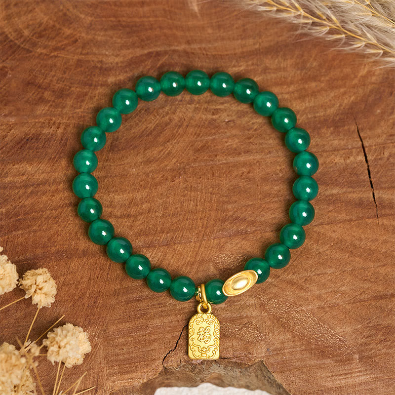Wear FengShui Green Agate Ingot Fu Character Relaxation Hope Bracelet