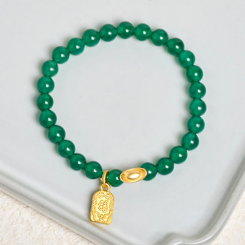 Wear FengShui Green Agate Ingot Fu Character Relaxation Hope Bracelet