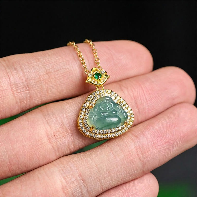 Wear FengShui Jade Laughing Buddha Prosperity Luck Necklace Pendant