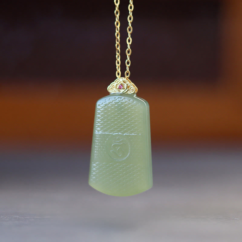 Wear FengShui Hetian Jade 925 Sterling Silver Om Symbol Prosperity Necklace Pendant