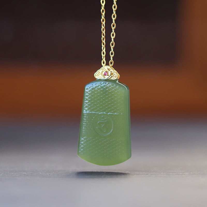 Wear FengShui Hetian Jade 925 Sterling Silver Om Symbol Prosperity Necklace Pendant