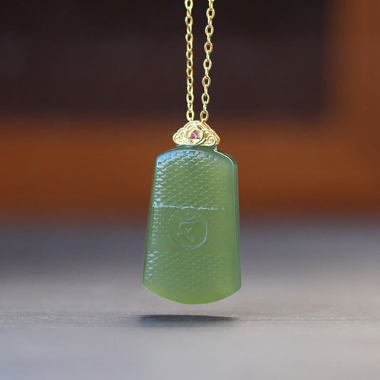 Wear FengShui Hetian Jade 925 Sterling Silver Om Symbol Prosperity Necklace Pendant