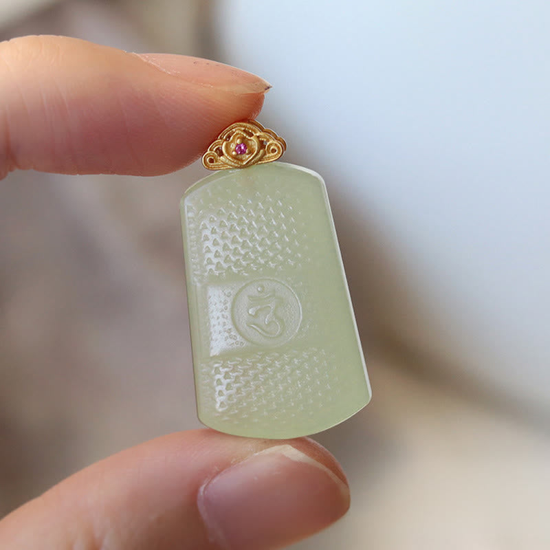 Wear FengShui Hetian Jade 925 Sterling Silver Om Symbol Prosperity Necklace Pendant
