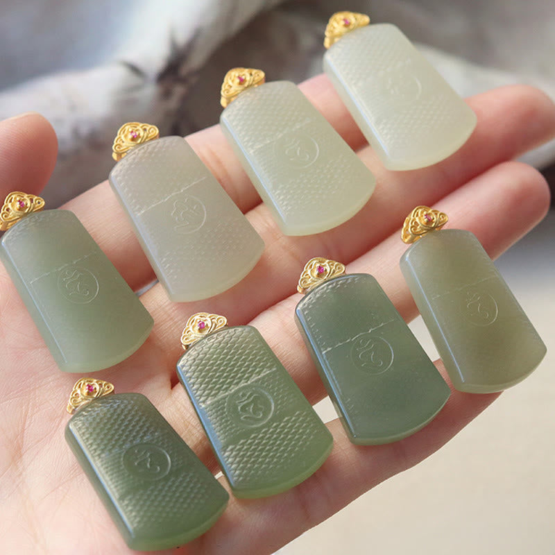Wear FengShui Hetian Jade 925 Sterling Silver Om Symbol Prosperity Necklace Pendant