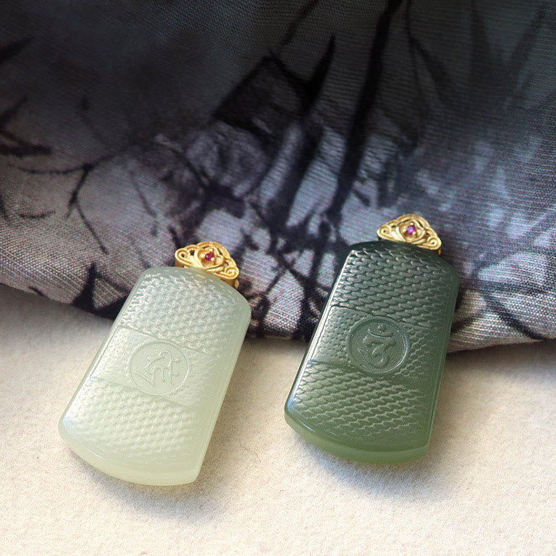 Wear FengShui Hetian Jade 925 Sterling Silver Om Symbol Prosperity Necklace Pendant