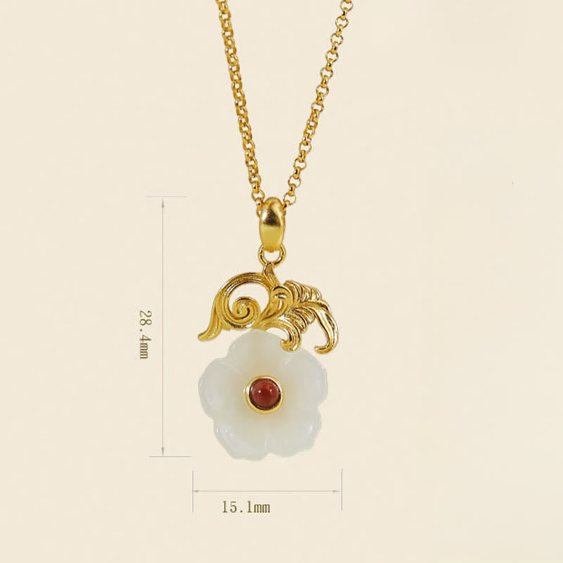 Wear FengShui Hetian Jade Flower 925 Sterling Silver Luck Necklace Pendant