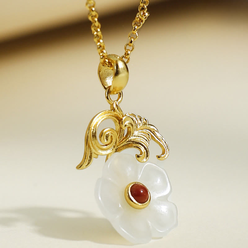 Wear FengShui Hetian Jade Flower 925 Sterling Silver Luck Necklace Pendant