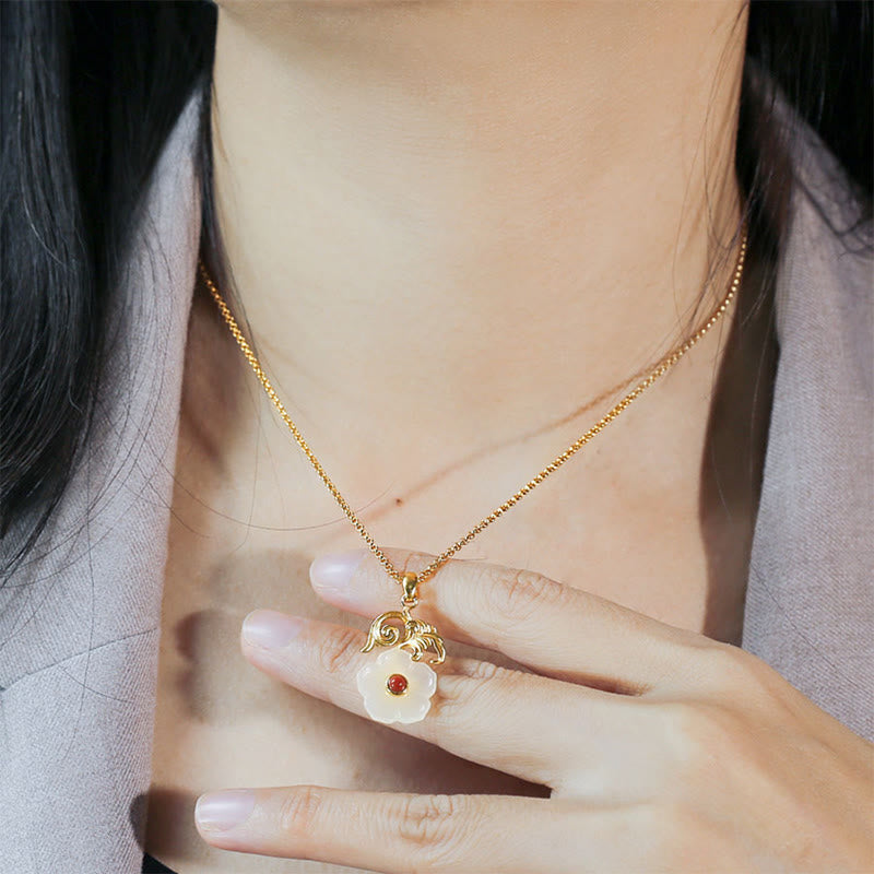 Wear FengShui Hetian Jade Flower 925 Sterling Silver Luck Necklace Pendant