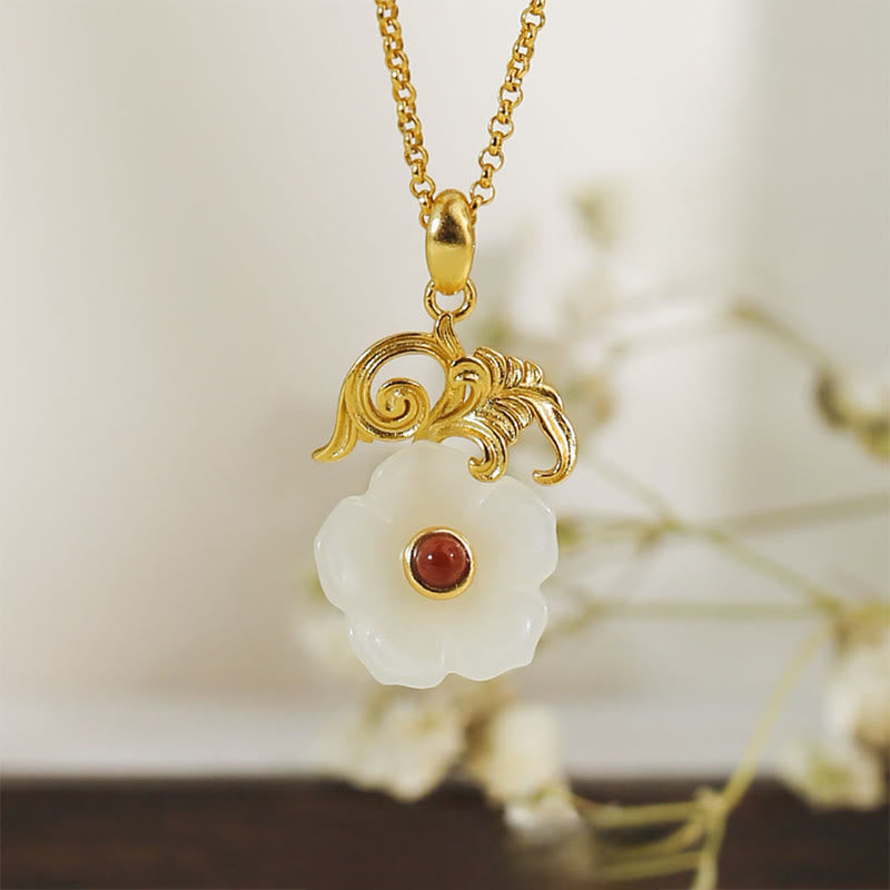 Wear FengShui Hetian Jade Flower 925 Sterling Silver Luck Necklace Pendant