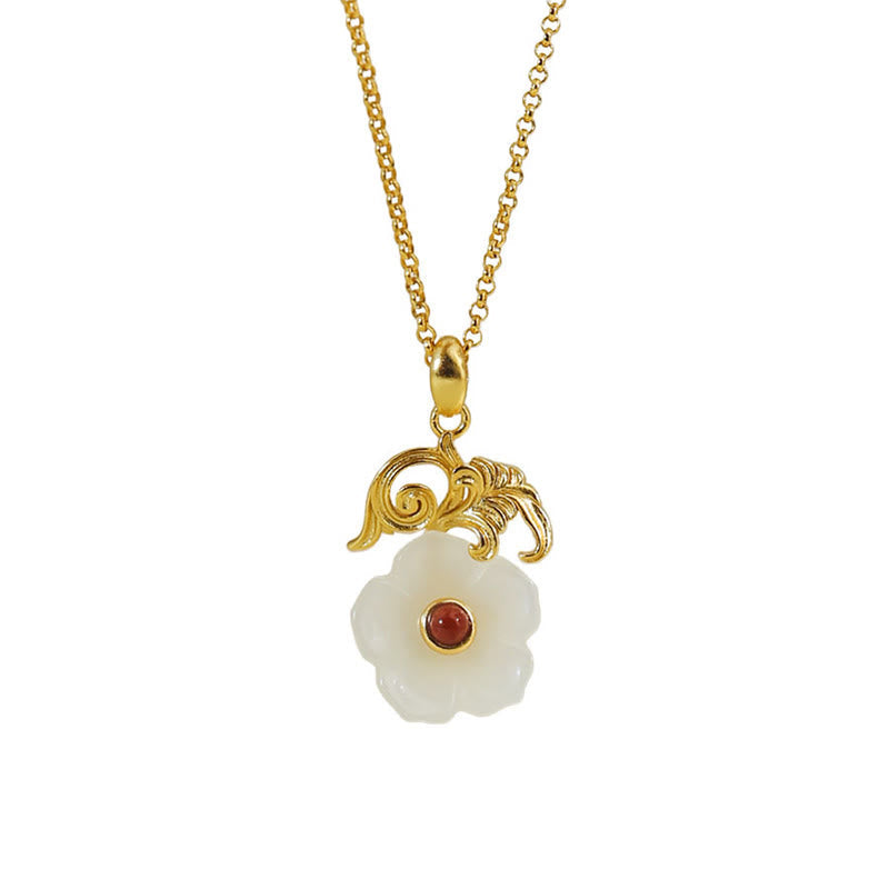 Wear FengShui Hetian Jade Flower 925 Sterling Silver Luck Necklace Pendant