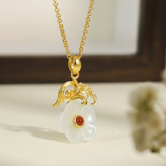 Wear FengShui Hetian Jade Flower 925 Sterling Silver Luck Necklace Pendant